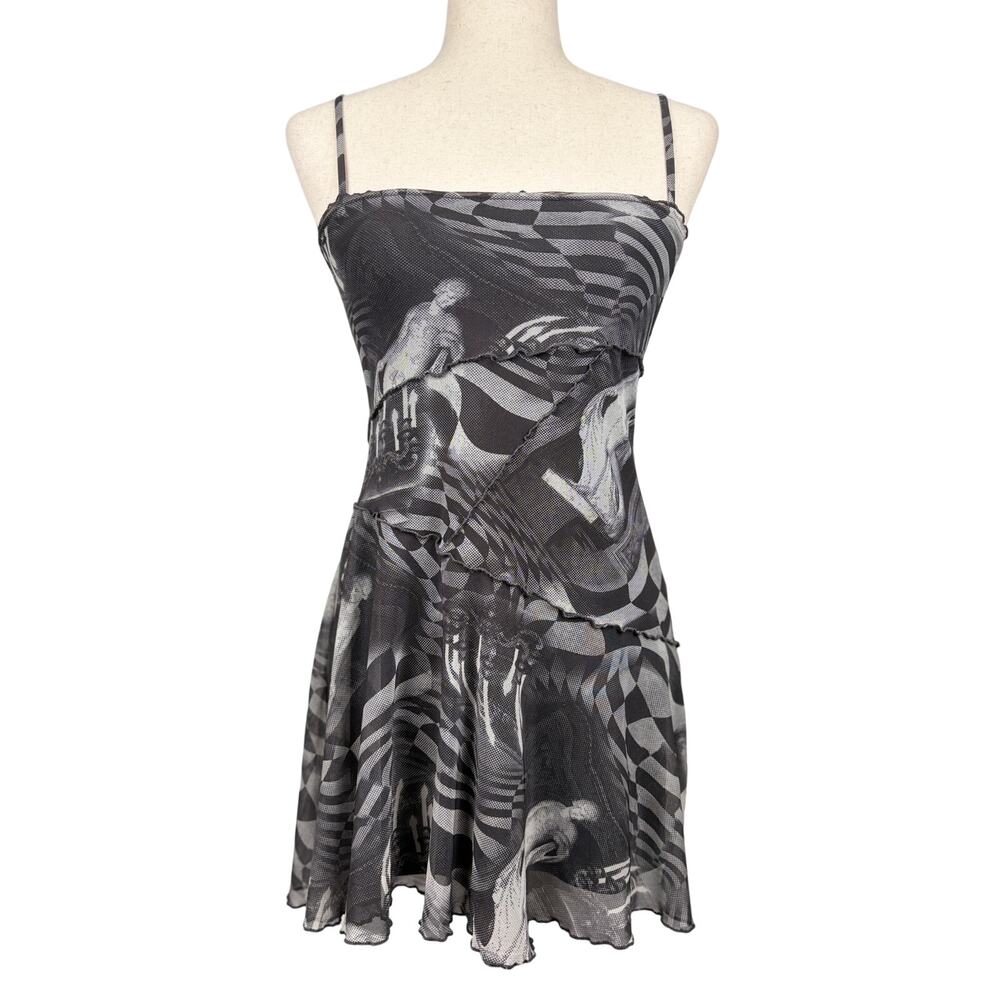 Urban Outfitters Black Mesh Mini Dress Abstract Print Layered XS